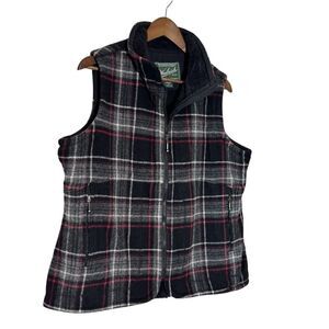 Woolrich Black Plaid Check Wool Blend Faux Fur Lined‎ Full Zip Vest Womens XL